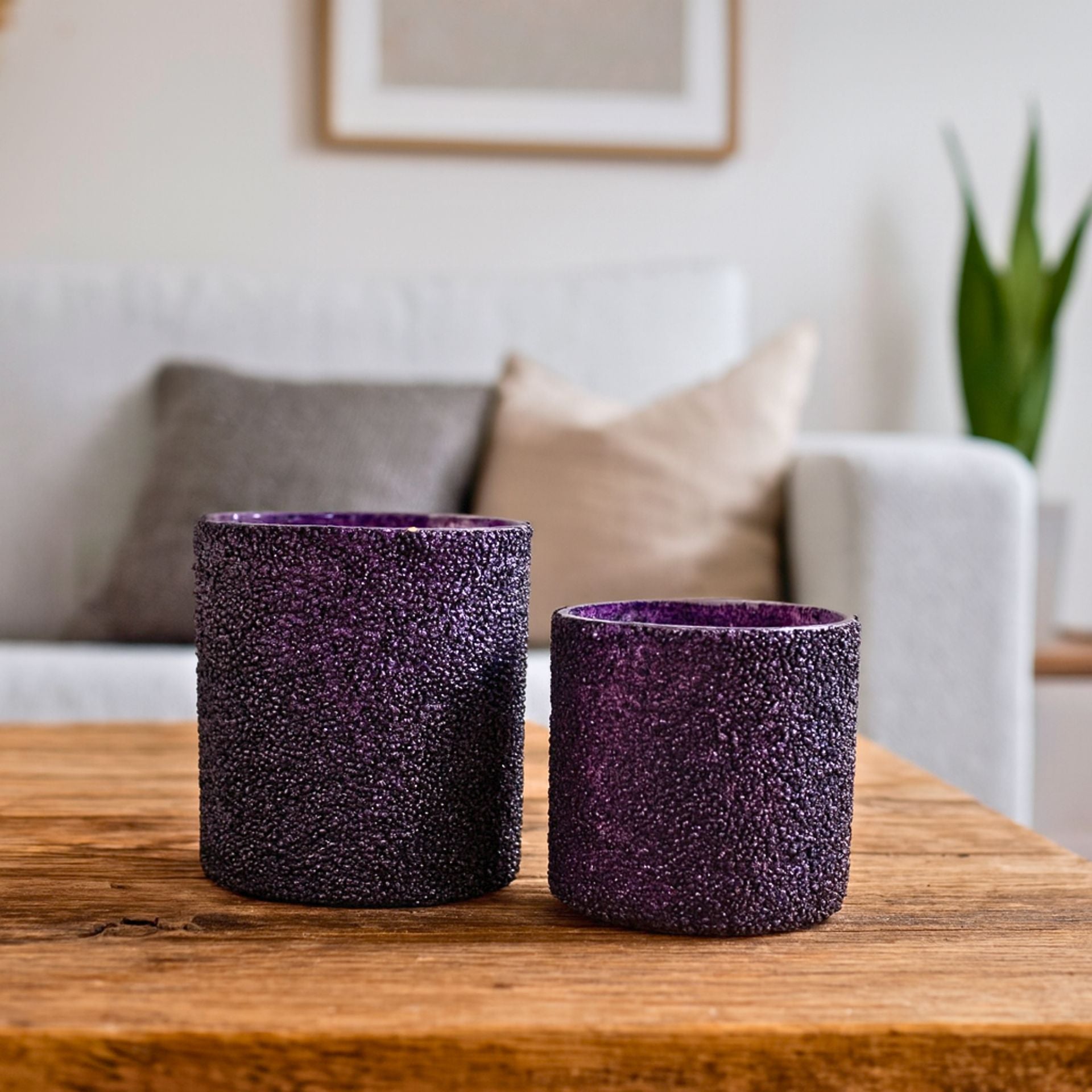 Anatolia lila üveg mécsestartó – 8 cm (kézzel készült felülettel)