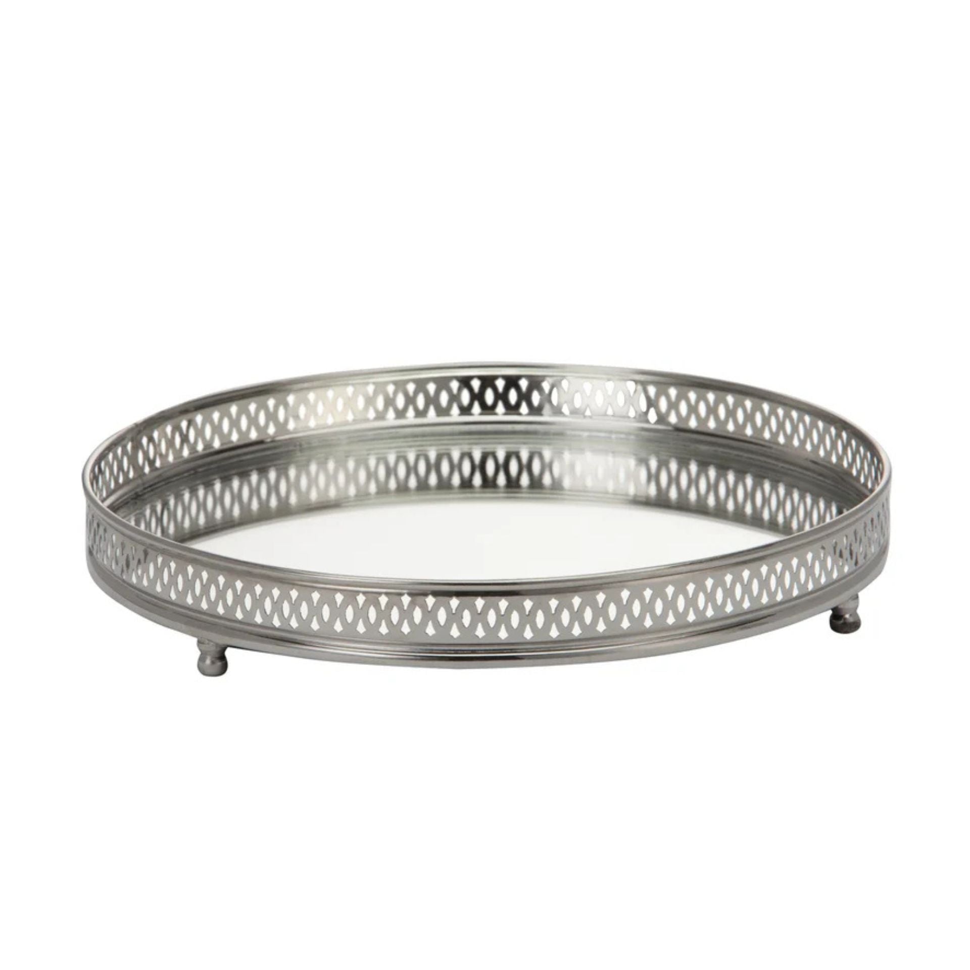 Bethel ezüst sárgaréz–üveg kerek dísztálca – Ø36 cm (lábas, perforált peremmel)