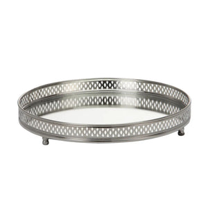 Bethel ezüst sárgaréz–üveg kerek dísztálca – Ø36 cm (lábas, perforált peremmel)