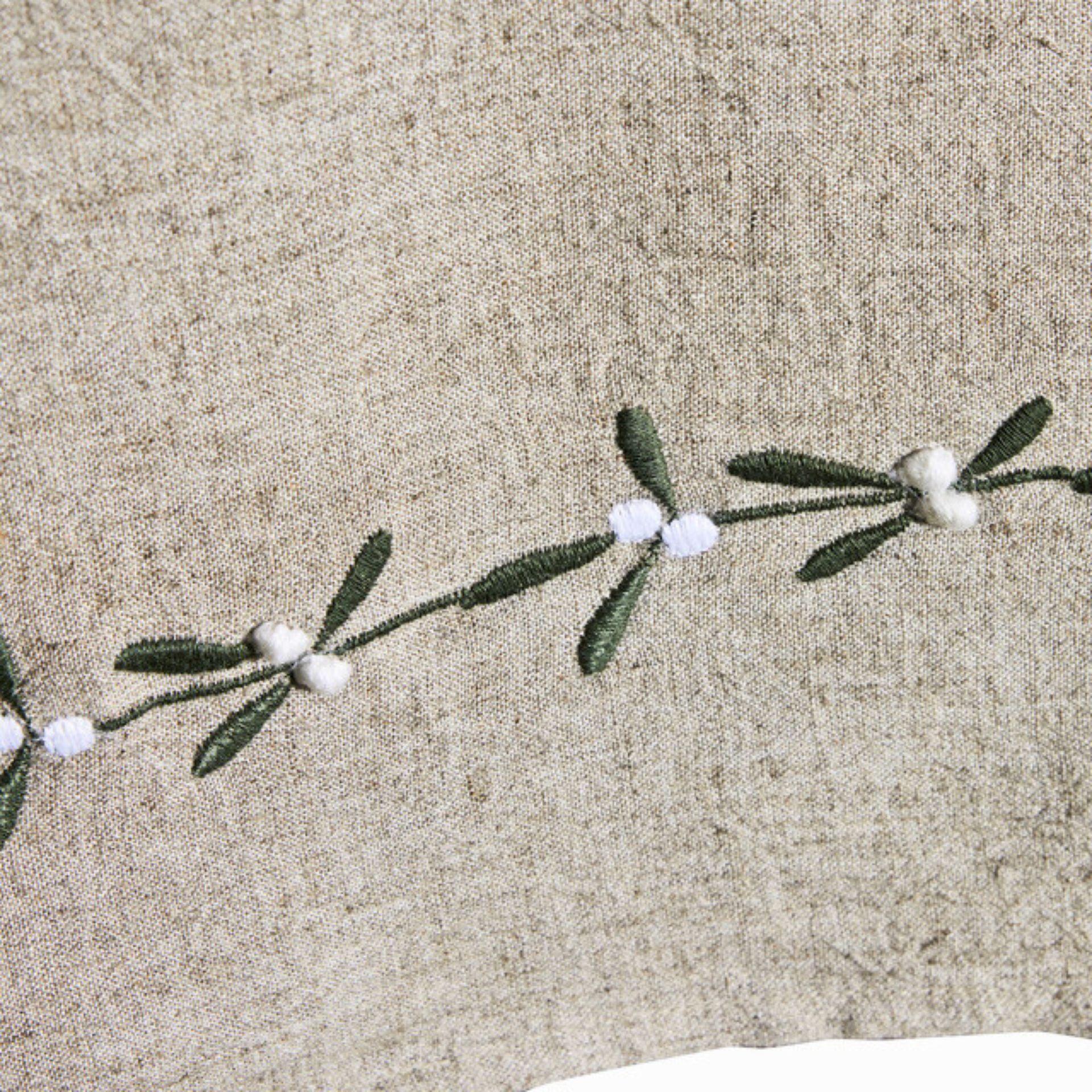 Missine bézs len karácsonyfa szoknya – Ø110 cm (zöld leveles hímzéssel)