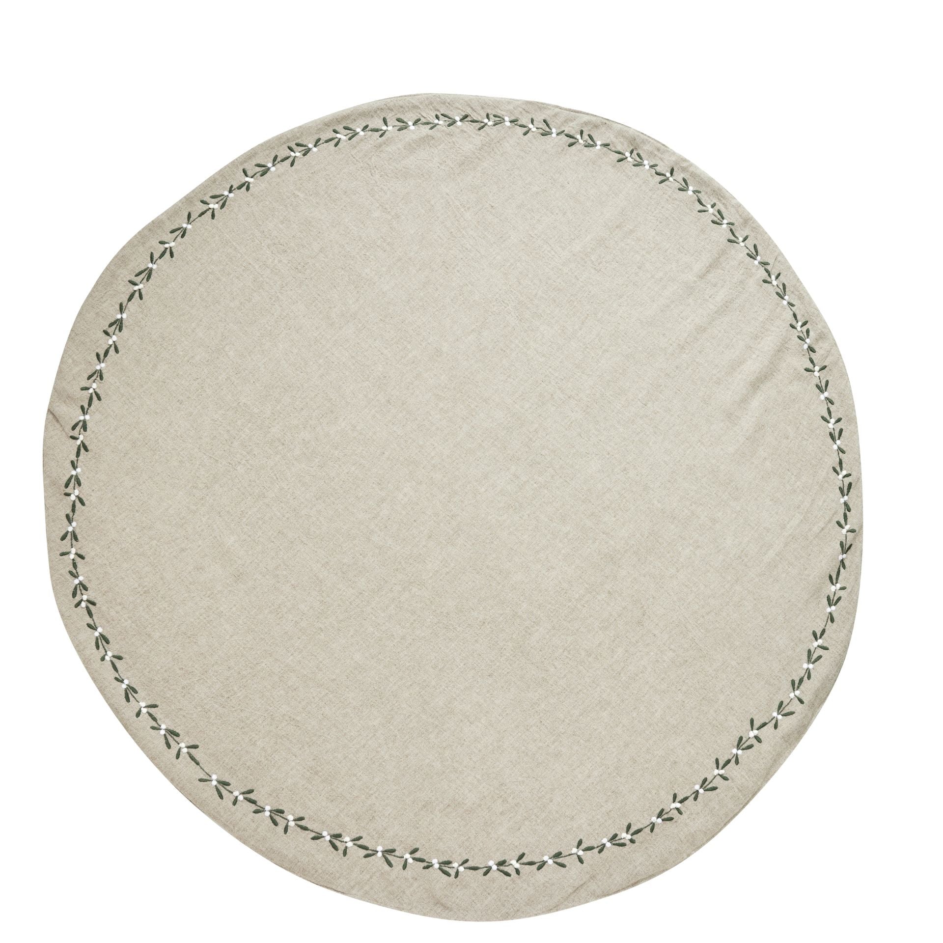Missine bézs len karácsonyfa szoknya – Ø110 cm (zöld leveles hímzéssel)