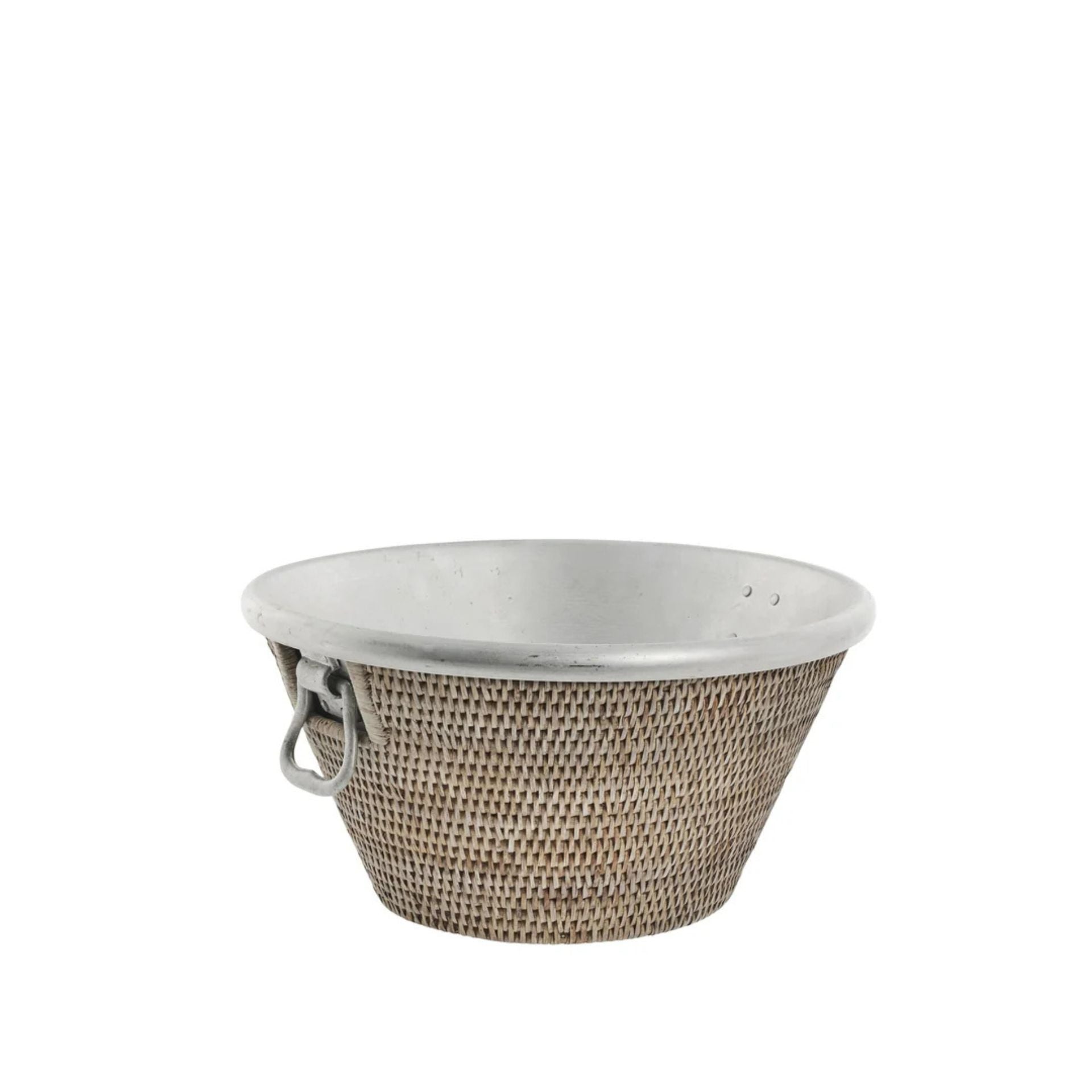 Norah natúr rattan–alumínium borhűtő vödör – Ø40×20 cm (kézzel szőtt, gyűrűs fülekkel)