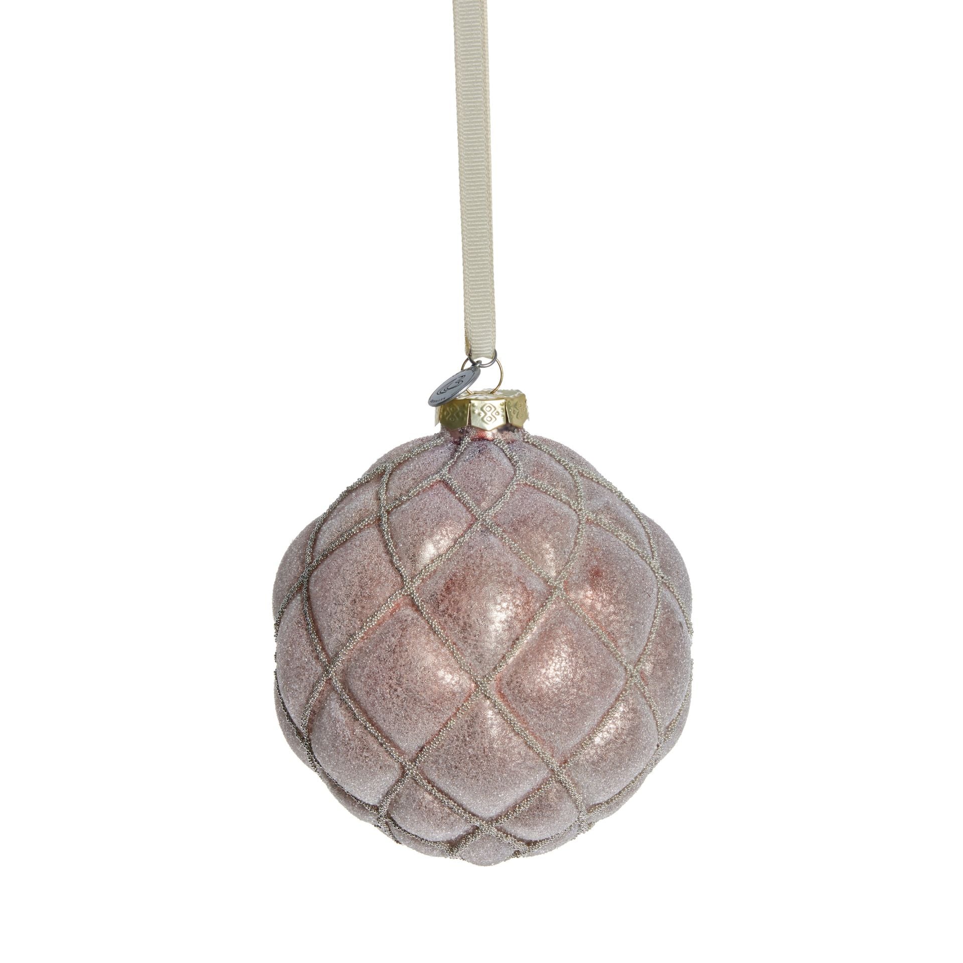 Norille púderrózsaszín üveg rombusz-mintás karácsonyfadísz – 10 cm (függeszthető, 6 db szett)