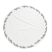 Penine fehér len karácsonyfa szoknya – Ø110 cm (zöld leveles–piros bogyós hímzéssel)