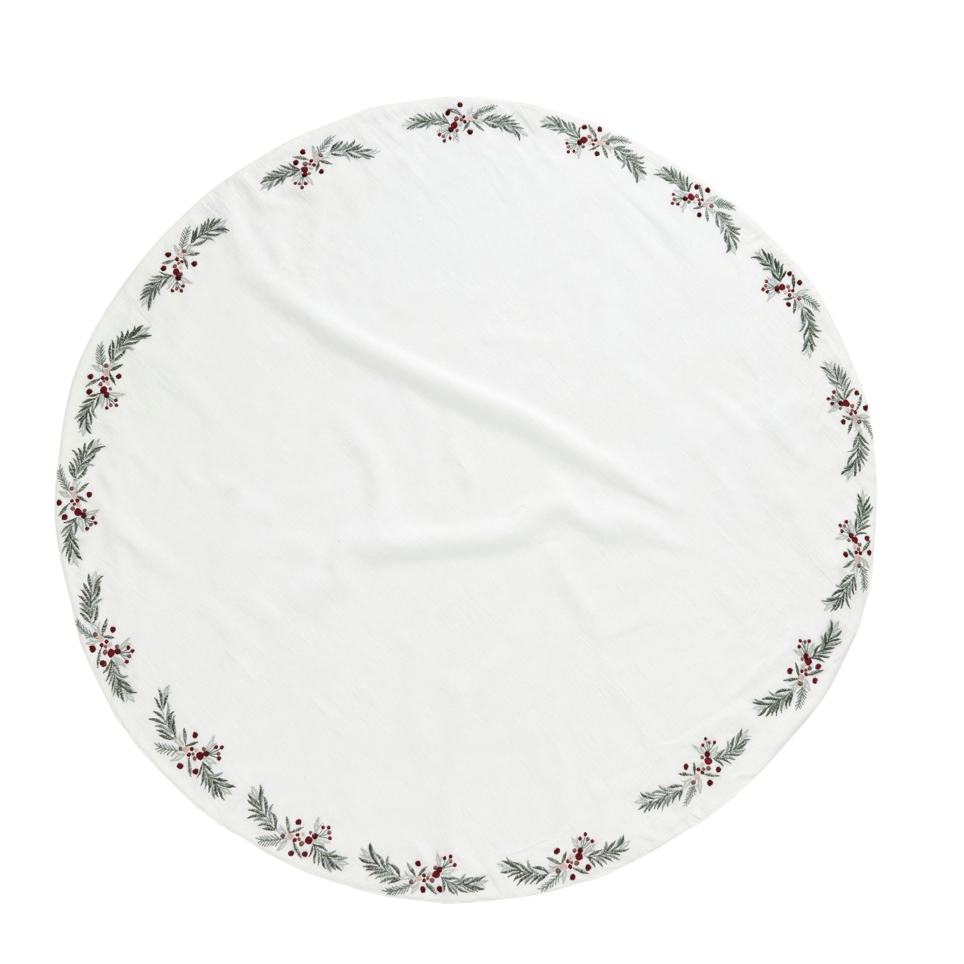 Penine fehér len karácsonyfa szoknya – Ø110 cm (zöld leveles–piros bogyós hímzéssel)