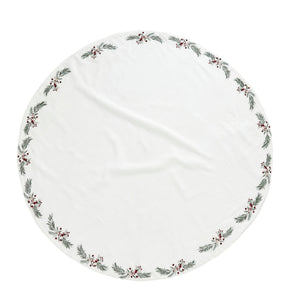 Penine fehér len karácsonyfa szoknya – Ø110 cm (zöld leveles–piros bogyós hímzéssel)