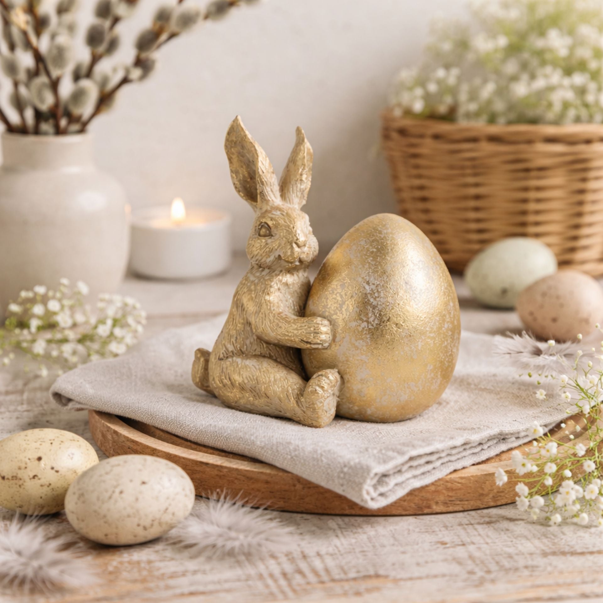 Selille világos arany húsvéti tojást ölelő nyúl dekoráció – 11.2 cm