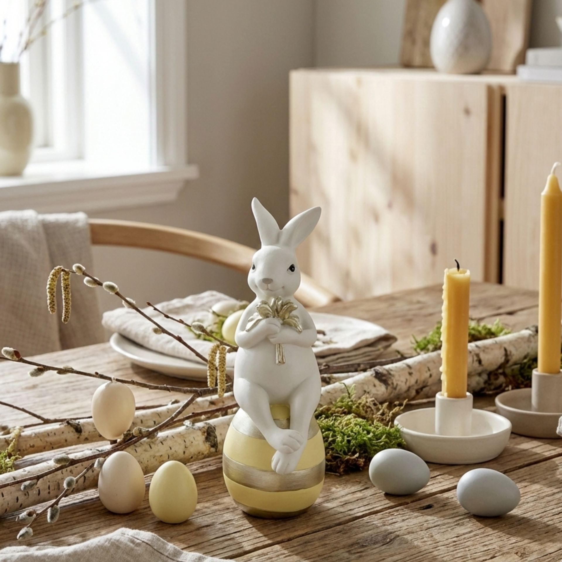 Sevinna fehér sárga arany húsvéti nyúl figura tojással – 20,5 cm