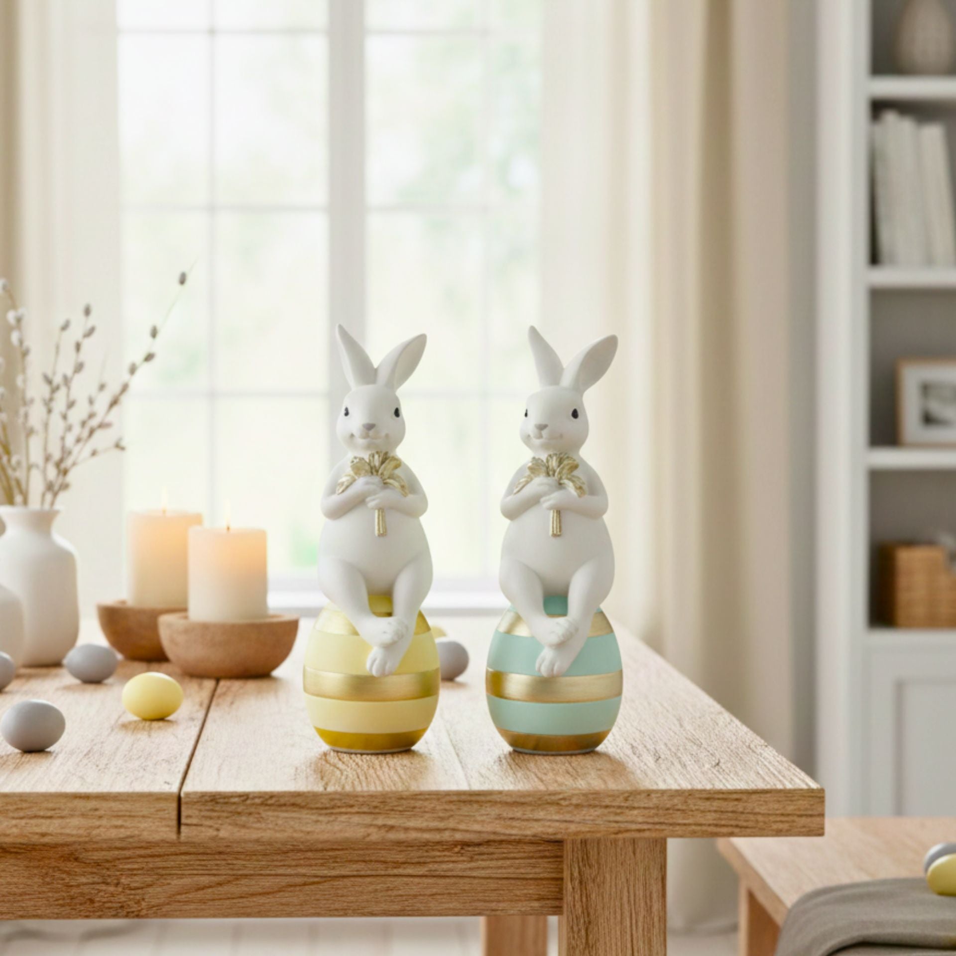 Sevinna fehér sárga arany húsvéti nyúl figura tojással – 20,5 cm