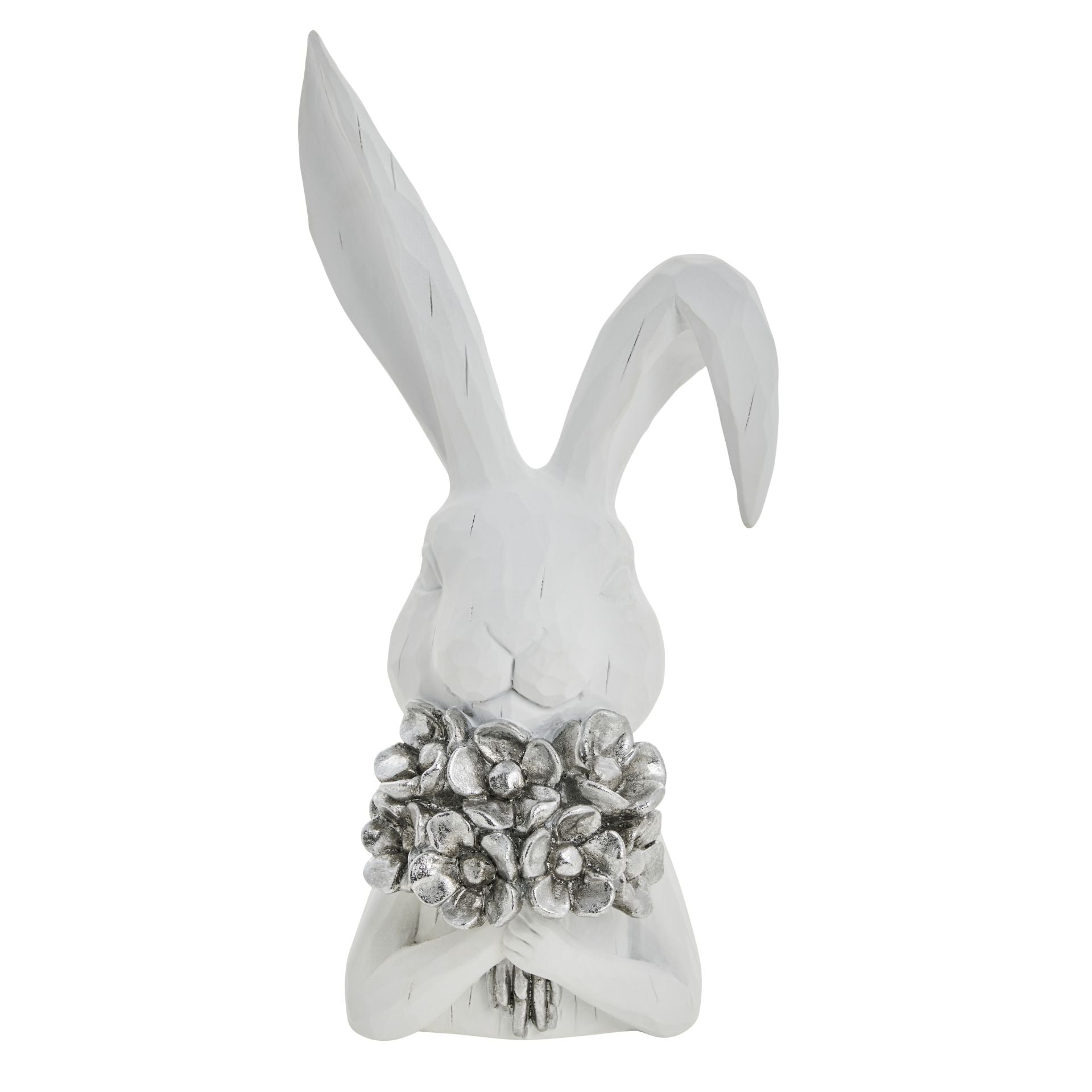 Sevinne fehér ezüst húsvéti nyúl figura virágcsokorral – 25,8 cm